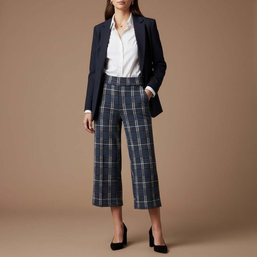 Liverpool Los Angeles Kayla Plaid Wide Leg Pull-On Pants Women's S Navy Tan